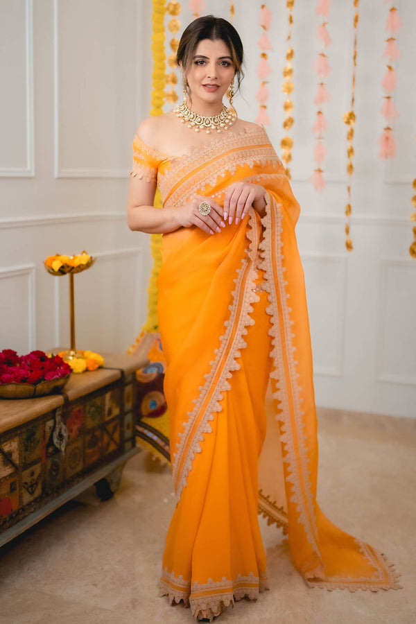 Sunflower Yellow Bandhej Print Brasso Silk Saree With Pink Embroidered  Blouse | Kolour